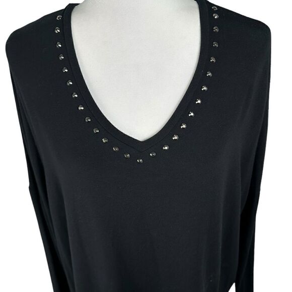 NOTSHY Cashmere Black V Neck Studded Dolman Sleeve Casual Long Sleeve Top - Picture 2 of 5